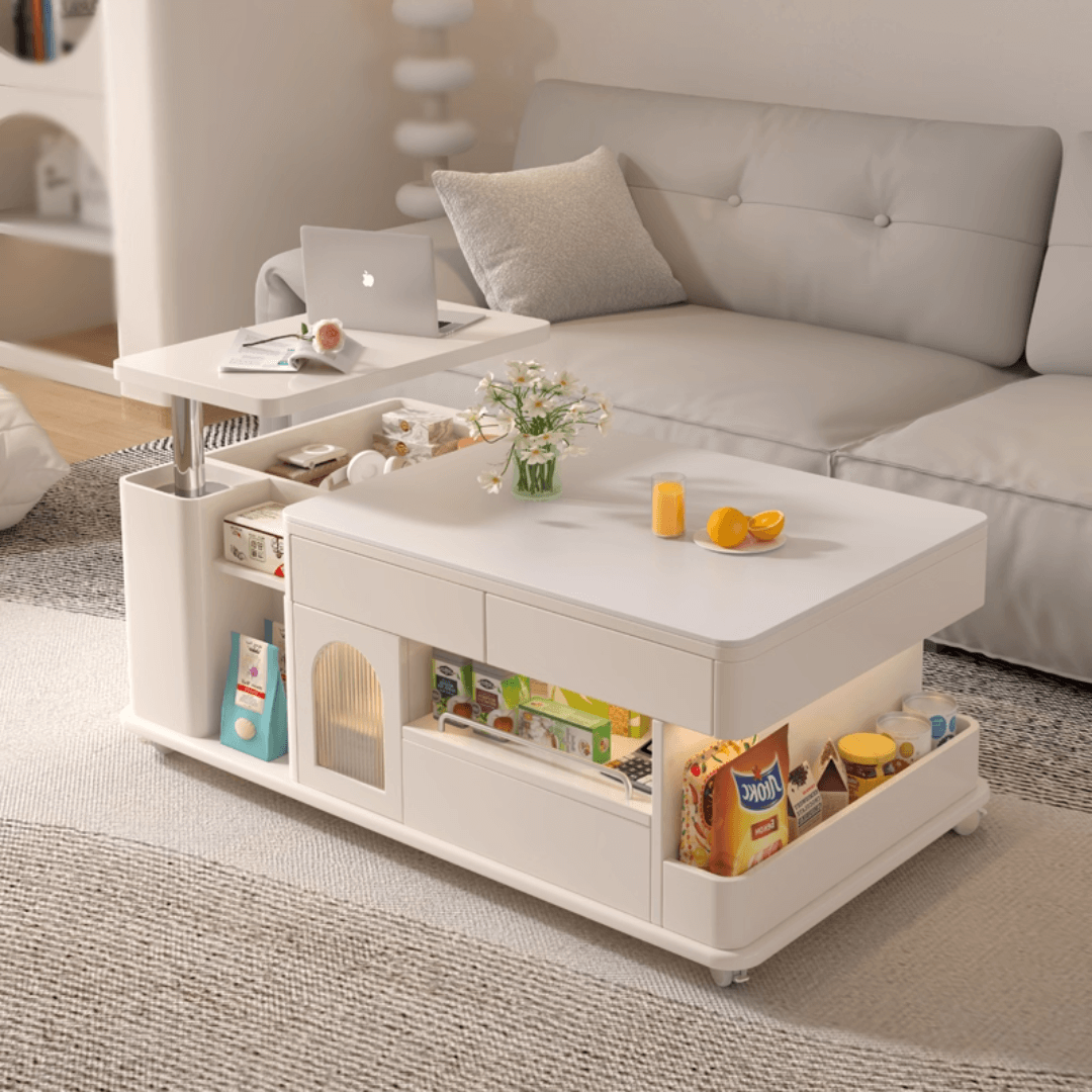 Cream lift-top coffee table with smart storage and easy mobility for modern living rooms