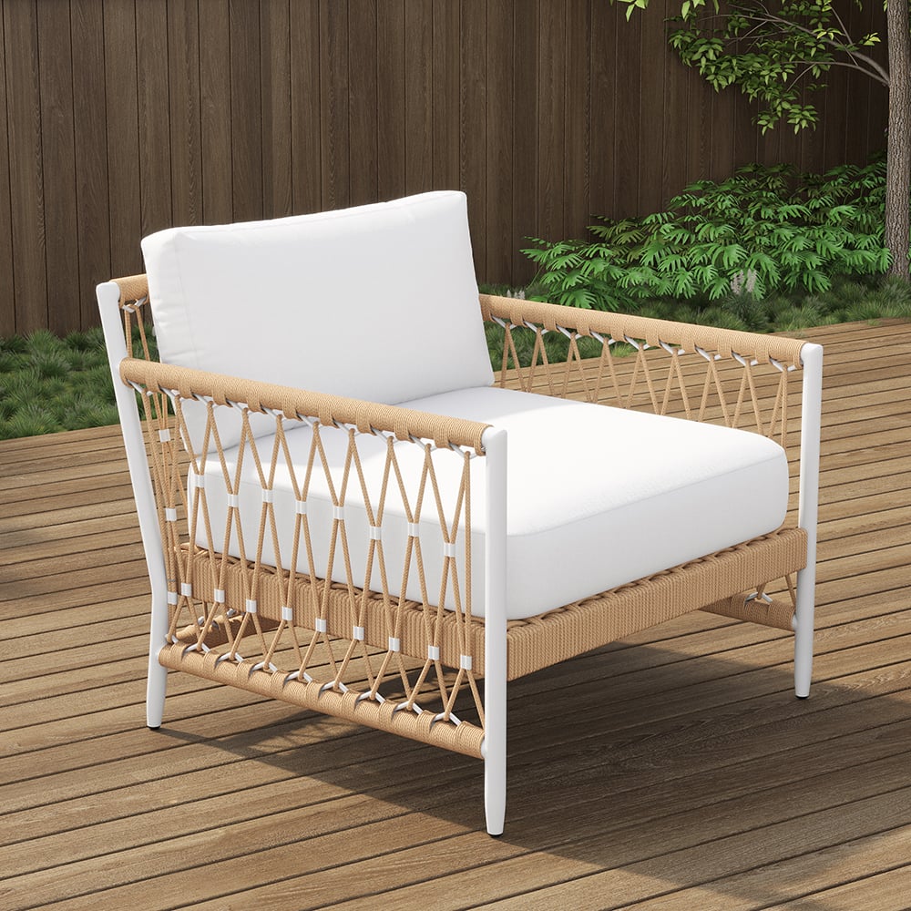 Outdoor 3-piece swivel sofa set with aluminum frame, weave rope, and side table in khaki