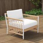 Outdoor 3-piece swivel sofa set with aluminum frame, weave rope, and side table in khaki