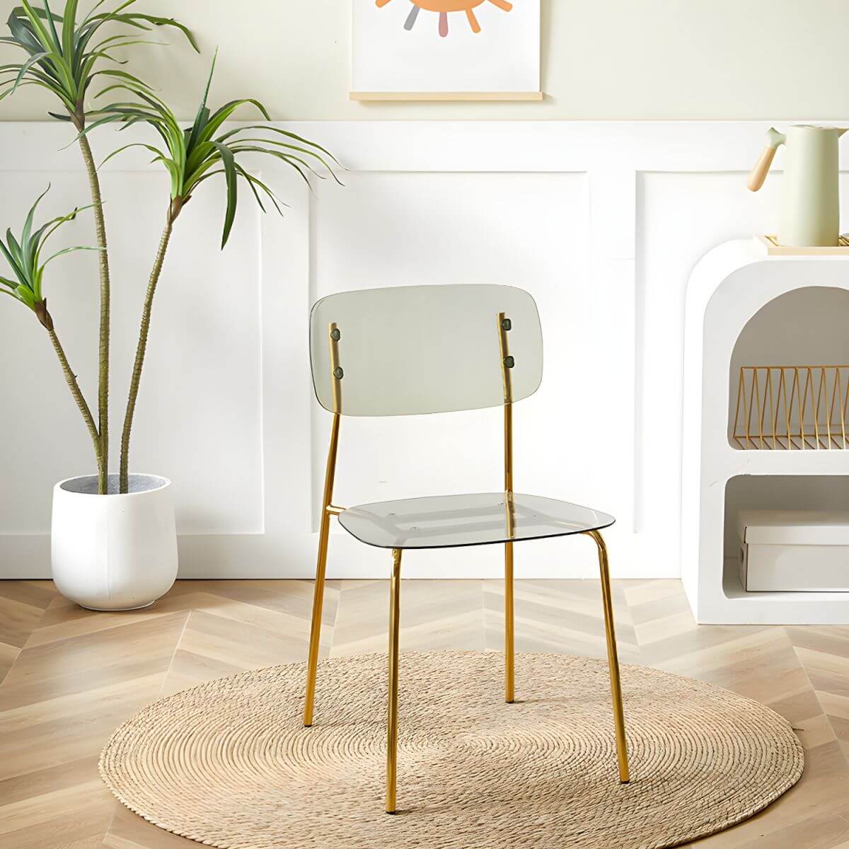 Transparent acrylic dining chair with modern design, perfect for living room and kitchen seating