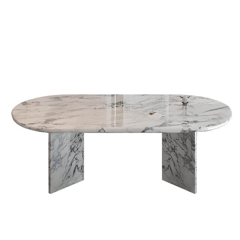Oval dining table with white marble top and fixed base, perfect for contemporary dining rooms