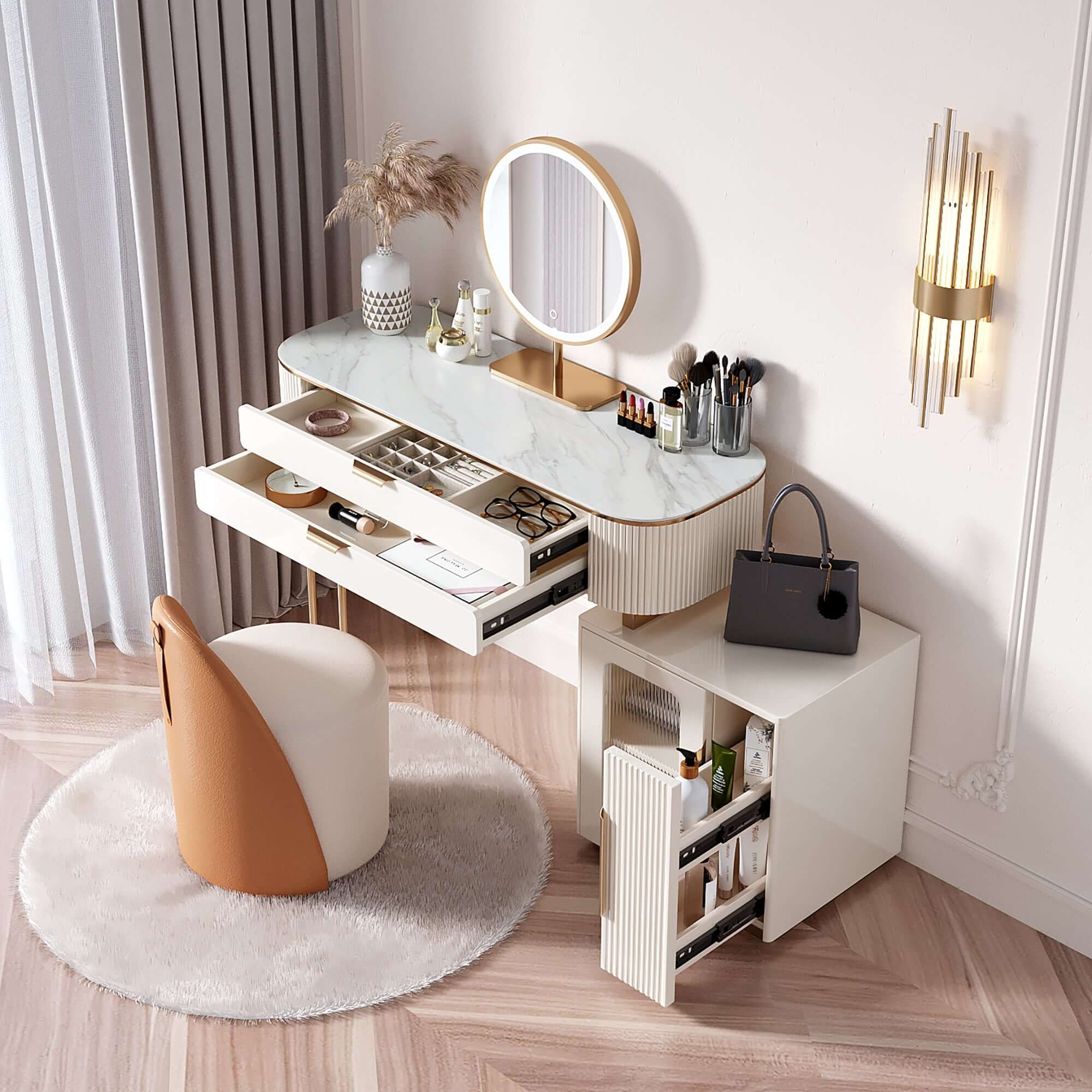 White modern makeup vanity table with LED lighted mirror and storage cabinet