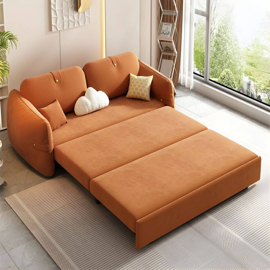 Orange polyester blend sleeper sofa with scratch-resistant surface and detachable mattress futons
