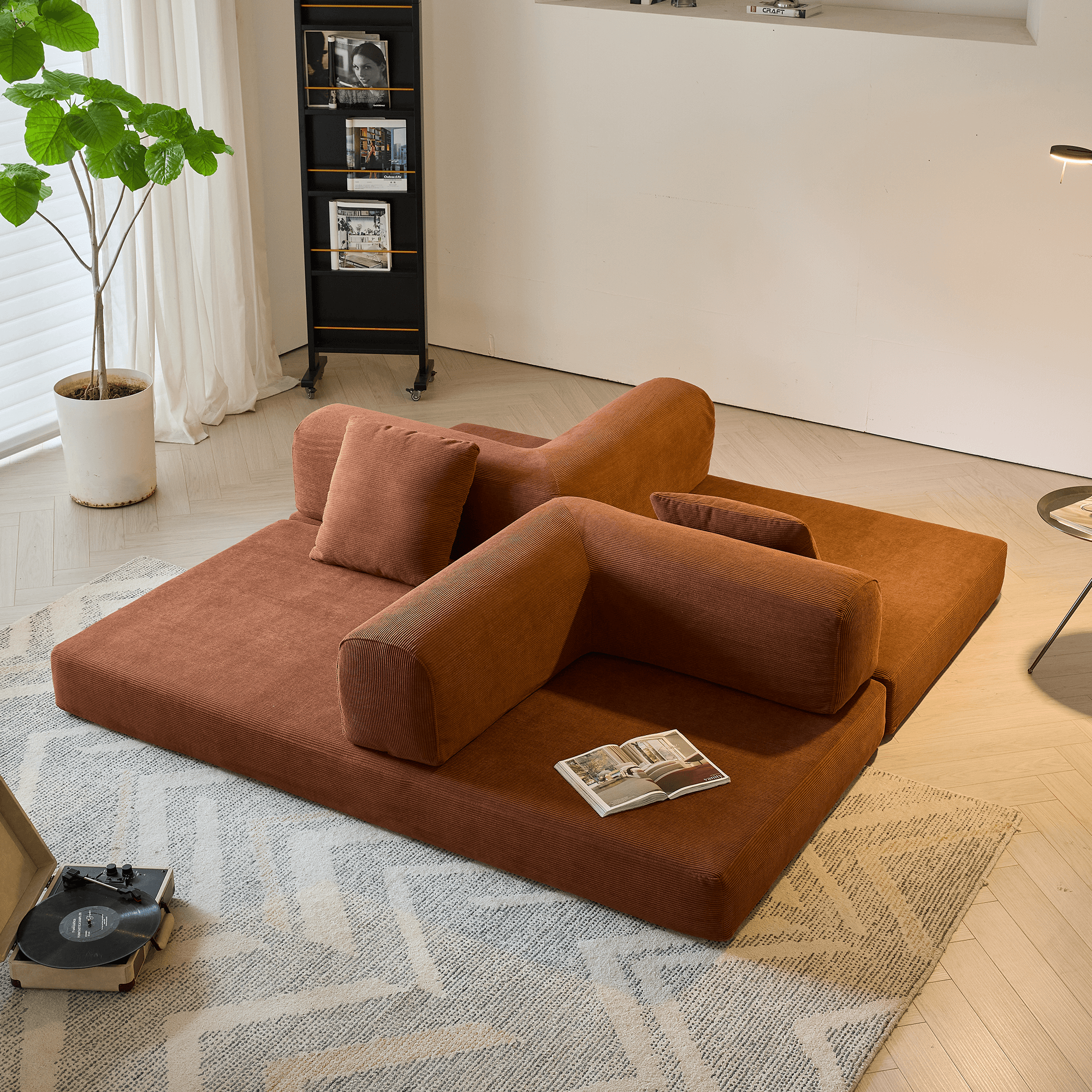 Convertible sofa bed upholstered with soft corduroy fabric, measuring 78.7 inches