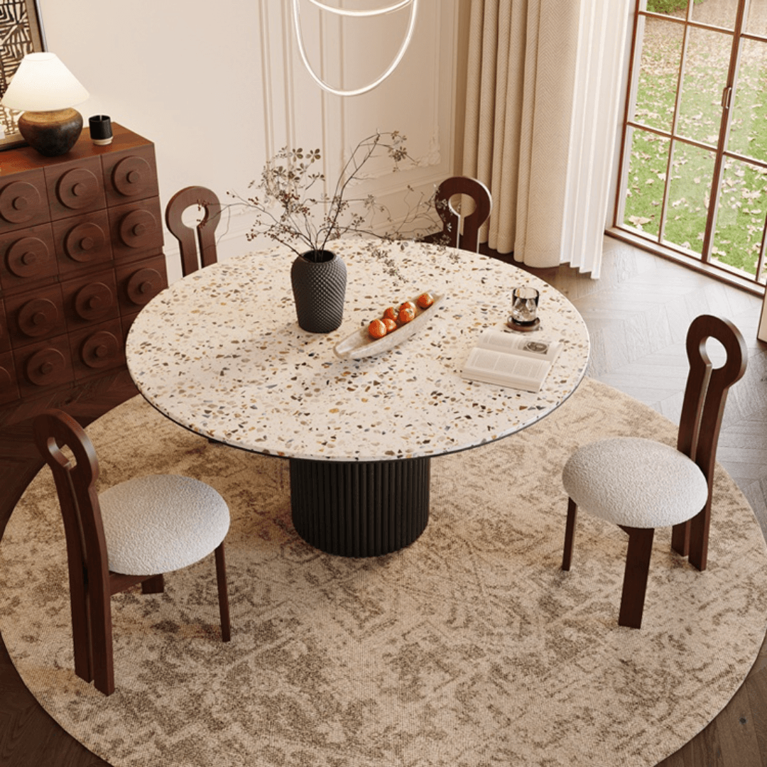 Round terrazzo dining table with durable design, perfect for home gatherings