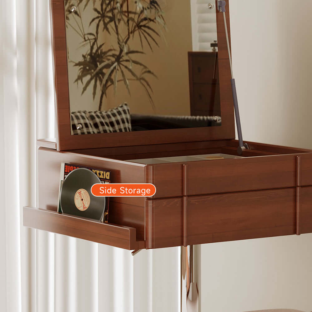 Small vintage-style solid wood vanity table with movable flip-top mirror for bedroom