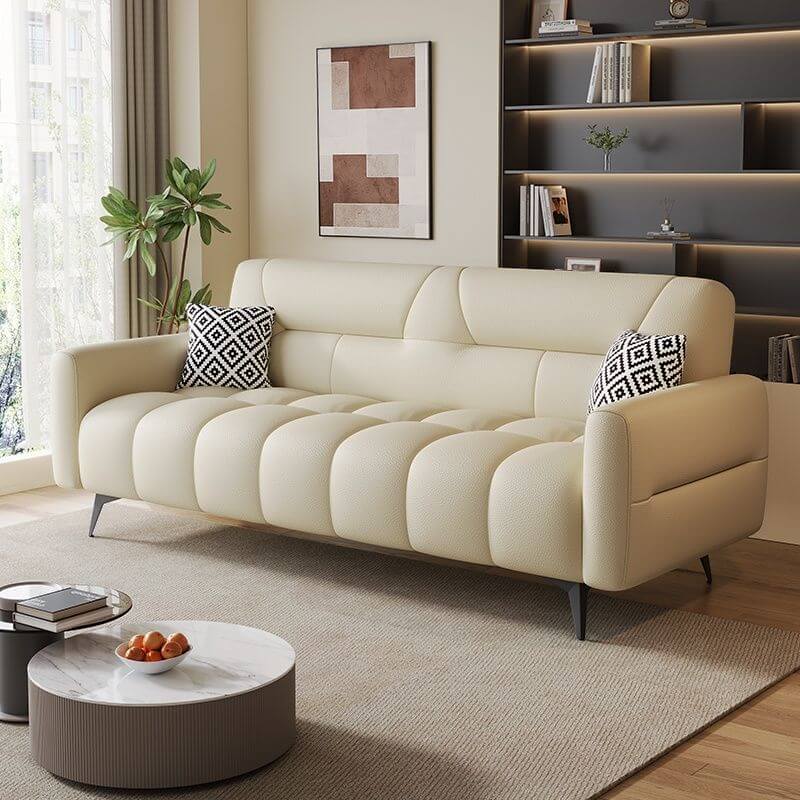 Synthetic Leather Arm-Included Beige Standard Sofa, Off-White, 79"L x 28"W x 33"H, Latex