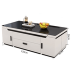 White lift-top coffee table with storage and stools, perfect for compact living spaces