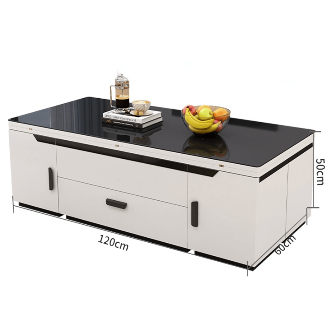 White lift-top coffee table with storage and stools, perfect for compact living spaces