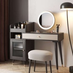 Coffee Brown Wooden Vanity Table with Side Cabinets Open Storage & Drawers