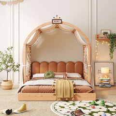 Lit château extensible en bois massif pour enfants avec baldaquin – Lit pour tout-petits à jumeaux de style tente avec tête de lit rembourrée