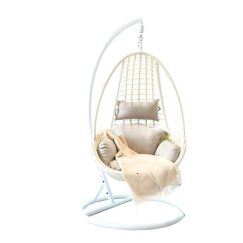 Metal porch swing with tropical olive green, auburn, and rose cushions, includes stand and chain