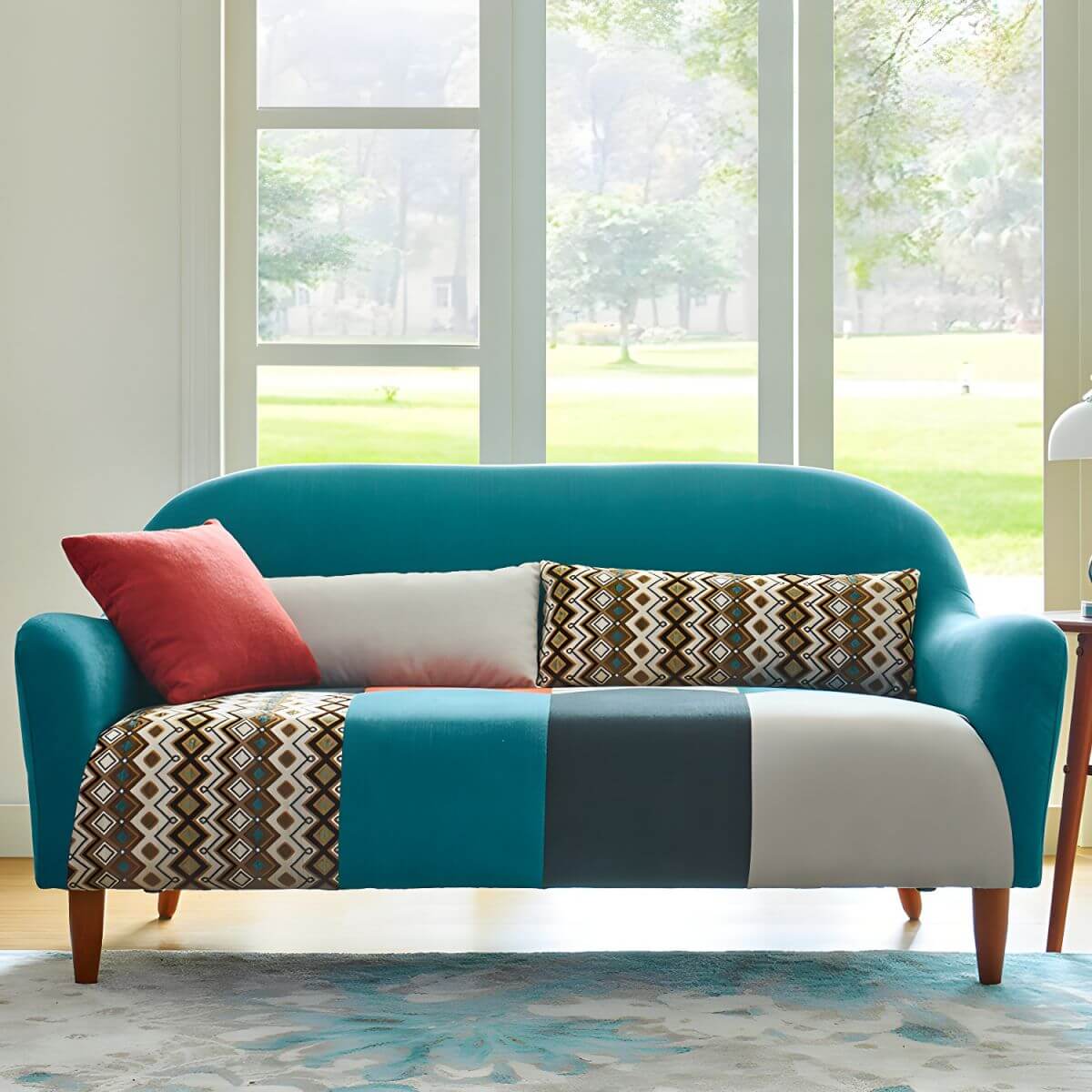 Farmhouse wood sofa with patchwork polyester blend upholstery and foam seat fill