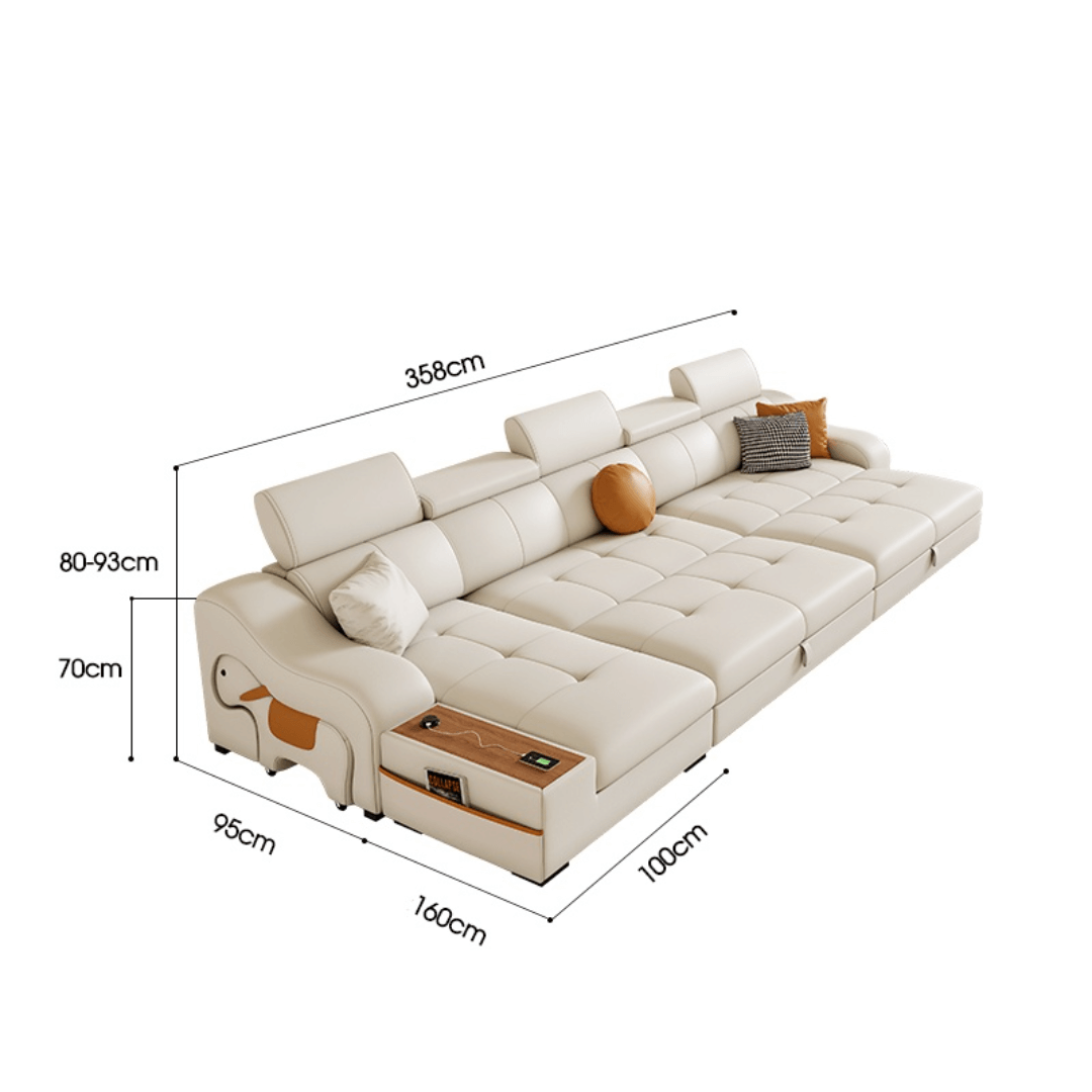 Space-saving sofa bed with a cute pony stool, perfect transformable furniture for small spaces