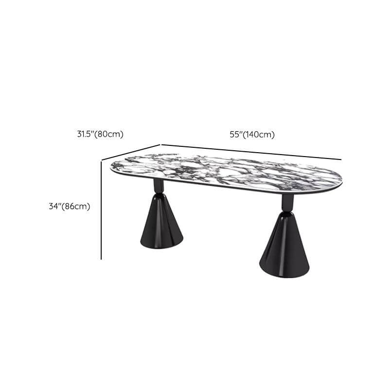Oval marble dining table set with dual footing, solid back panel, and cushioned chairs