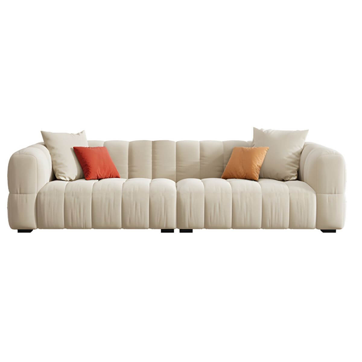 Beige upholstered wood sofa with square arms and sewn pillow back for modern living rooms