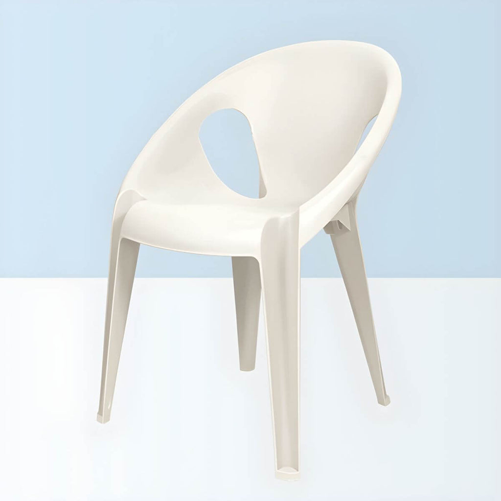 Stackable modern arm chair with open back made of plastic and acrylic for dining