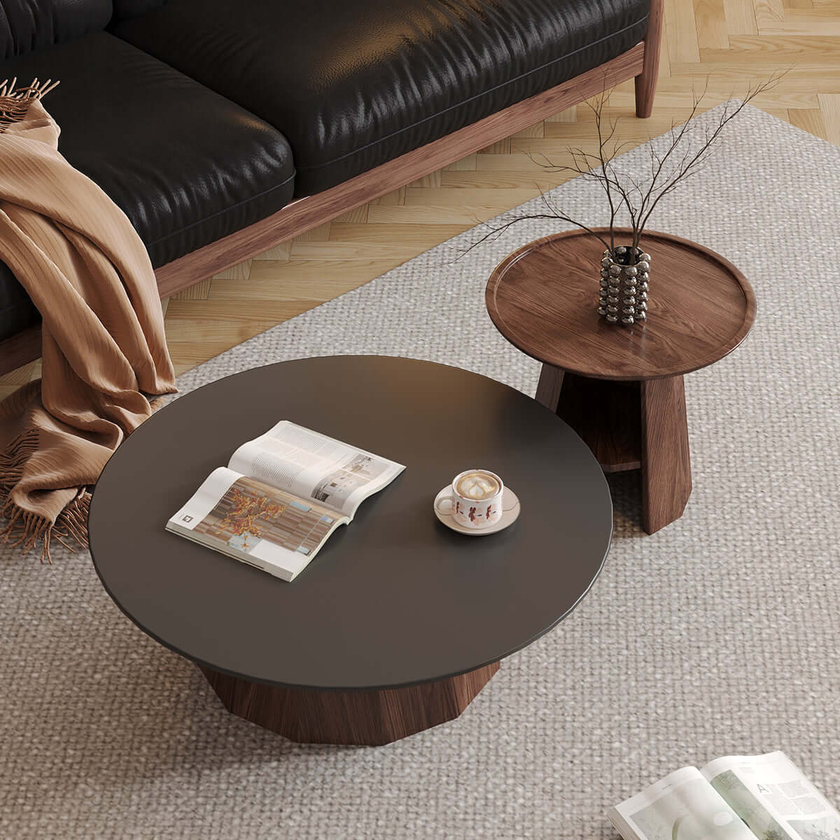Round high-low coffee table made of solid wood and slate with built-in storage space