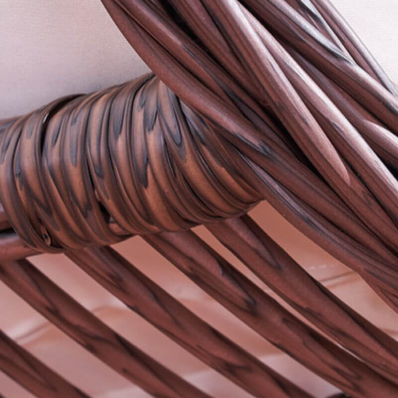 Metal upholstered porch swing egg chair with stand and chain, seating for two in cocoa and cream colors