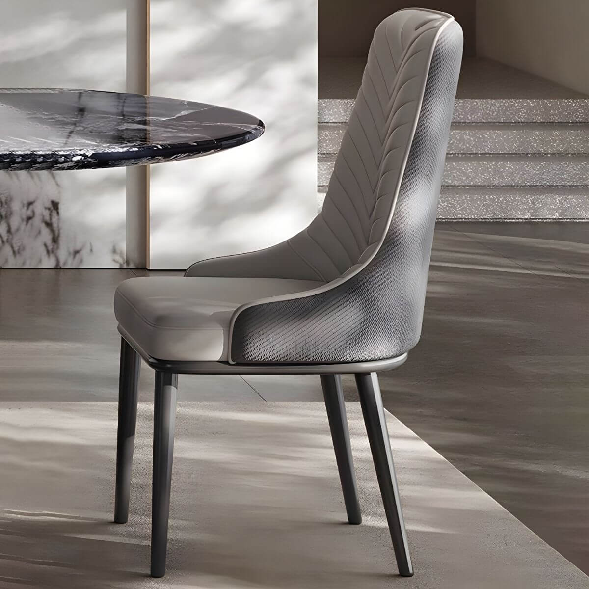 Oval dining table with black marble top and trestle metal base, modern dining room set