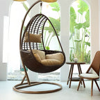 Metal porch swing with tropical olive green, auburn, and rose cushions, includes stand and chain main product image