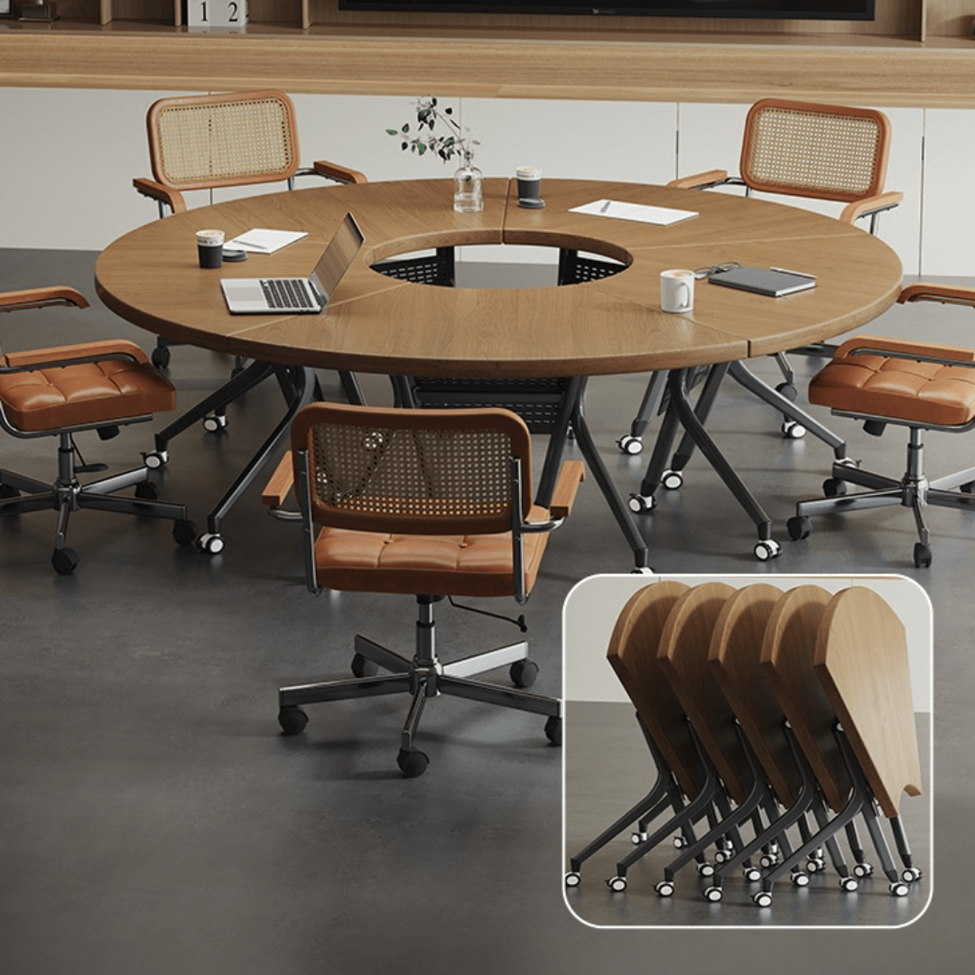 Foldable conference table with modern curve design and comfortable mesh chairs for meetings