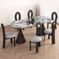 Oval Genuine Marble Dining Table Set with Dual Footing, Solid Back Panel, Cushion Chair, and White Top Dining Room Sets