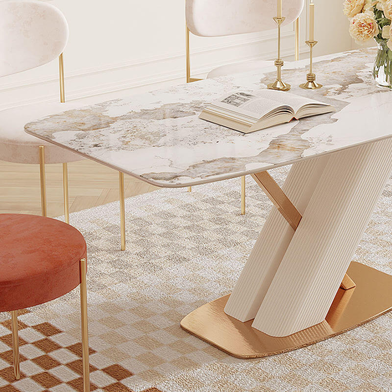 White rectangular marble dining table with gold stainless steel X-base, modern design