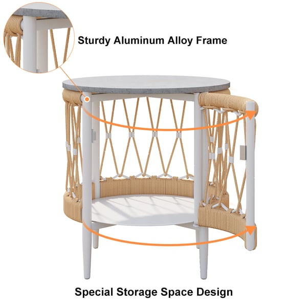Outdoor 3-piece swivel sofa set with aluminum frame, weave rope, and side table in khaki