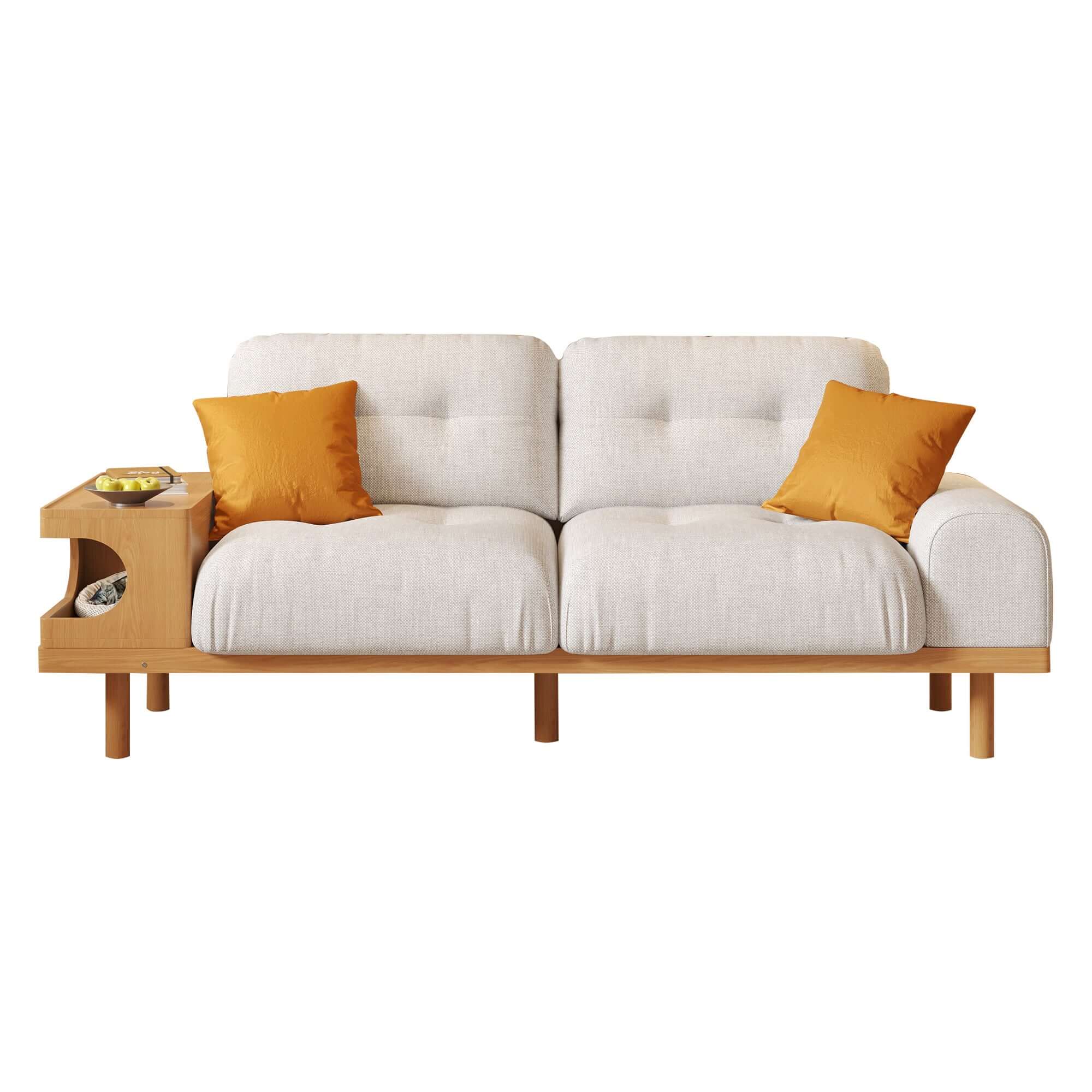 Japandi style wooden base sofa featuring an integrated cat den for pet-friendly living