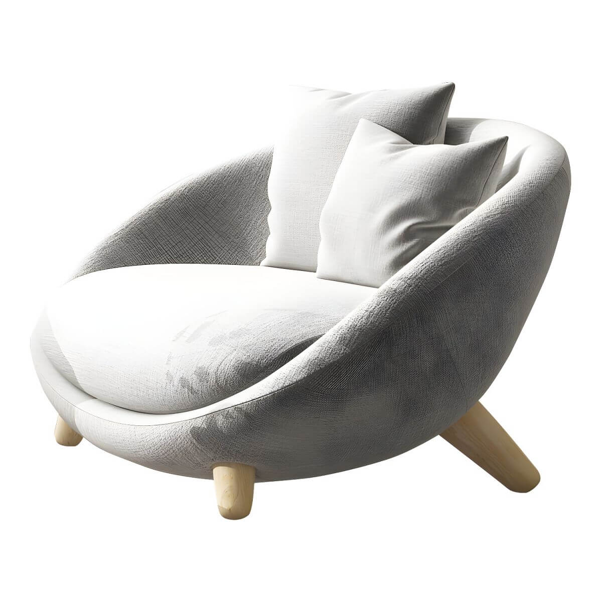Scandinavian papasan chair with fixed back, sloped arms, cotton blend fabric, and 2 pillows