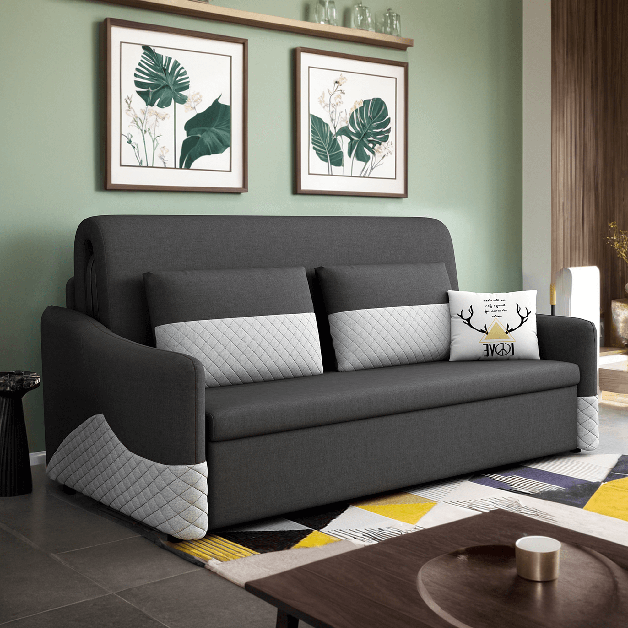 Grey 3-in-1 pull out couch bed with cotton linen upholstery and storage chaise