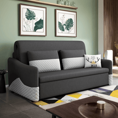 Grey 3 in 1 Pull Out Couch Bed Cotton Linen with Storage Chaise