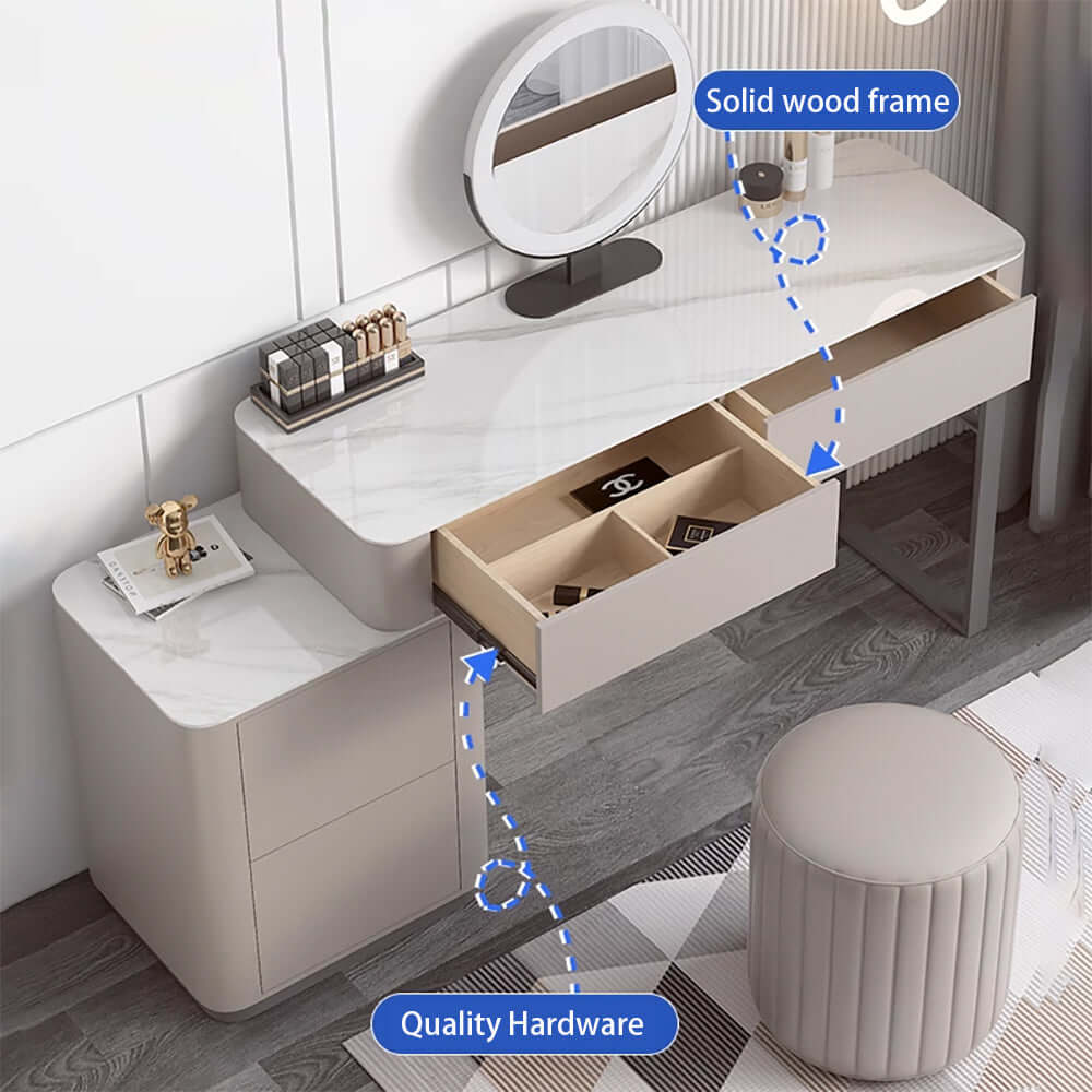 Modern dressing table stool with mirror and durable sintered stone tabletop