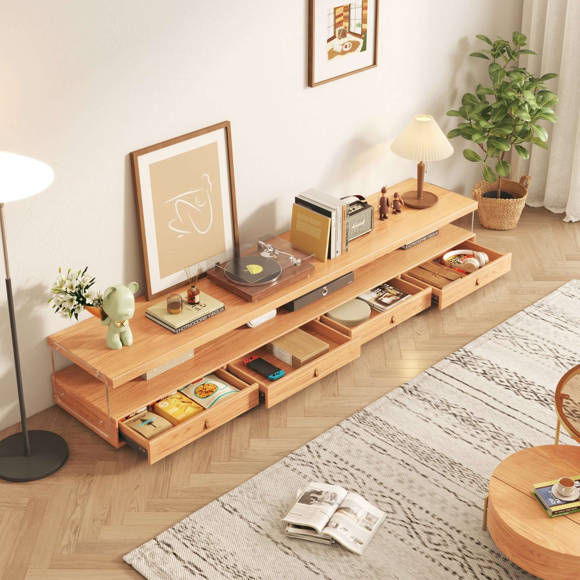 Wood media center TV stand featuring shelves and four drawers for organized storage