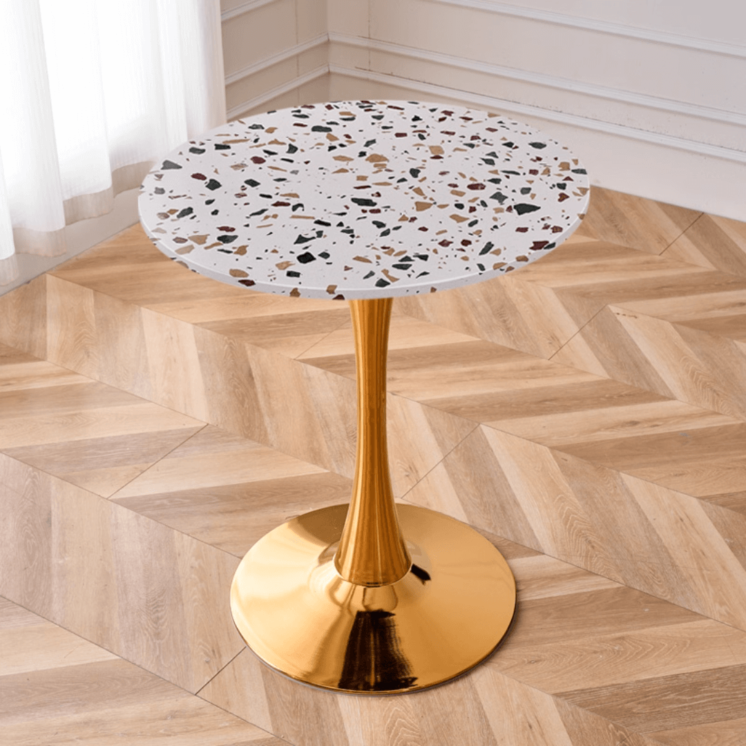 Modern marble table with sturdy metal base, perfect for adding a timeless aesthetic to any space
