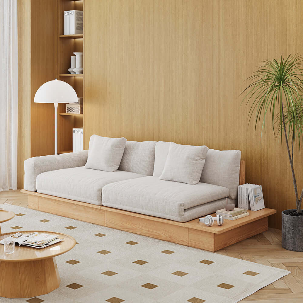 Cocochairs Floor Platform Wood Frame Sofa Bed – Reversible Armrests, Corduroy or Linen-Blend Upholstery