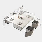 White lift-top coffee table with storage and stools, perfect for compact living spaces