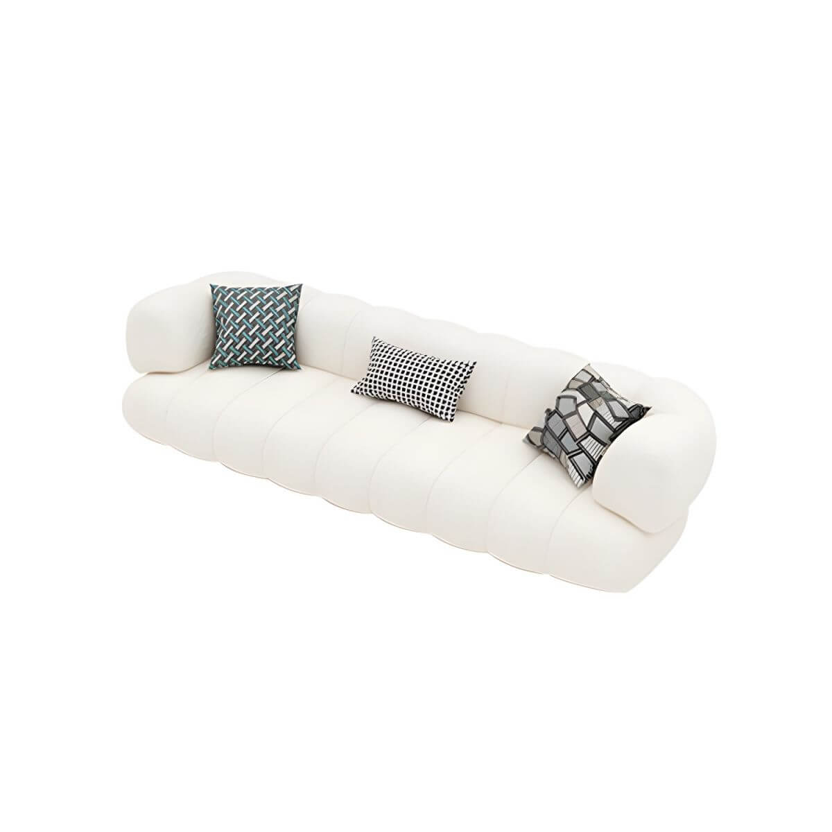 White Scandinavian fabric sofa with biscuit back and tuxedo arms