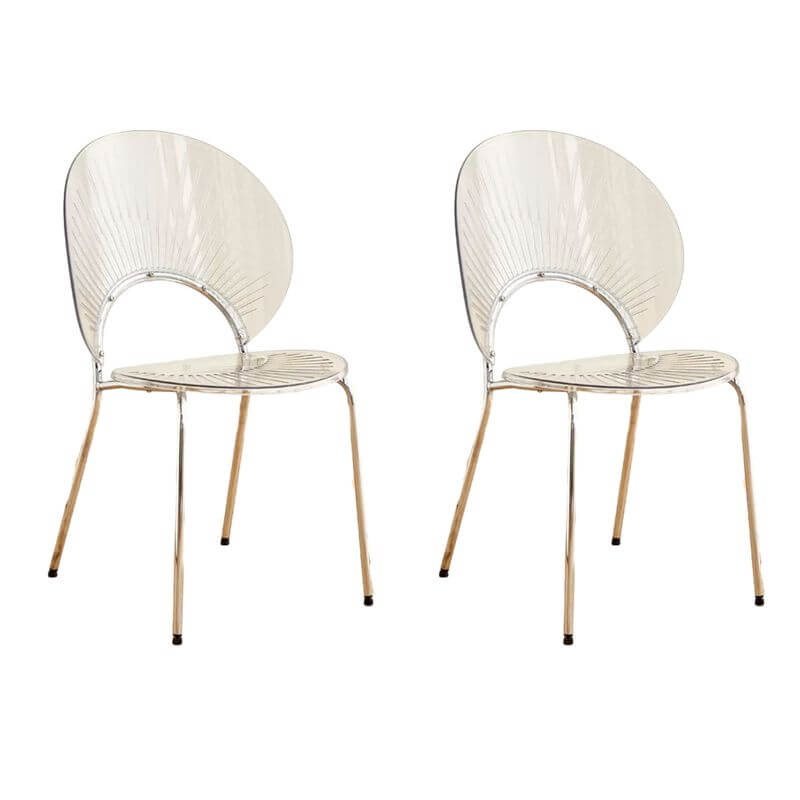 Stackable Scandinavian style dining chair with plastic seat, acrylic back, and silver legs