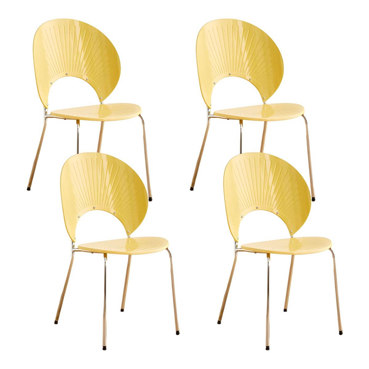 Stackable Scandinavian style dining chair with plastic seat, acrylic back, and silver legs