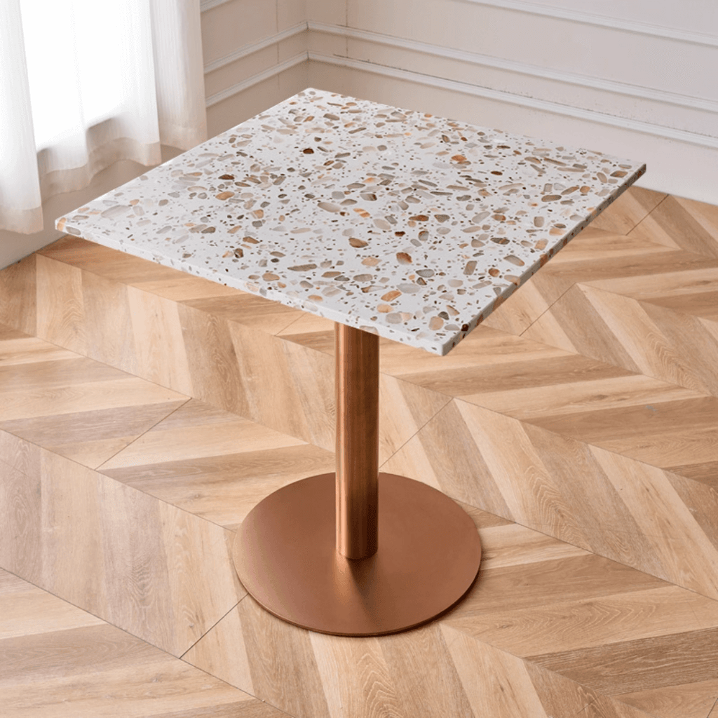 Modern marble table with sturdy metal base, perfect for adding a timeless aesthetic to any space