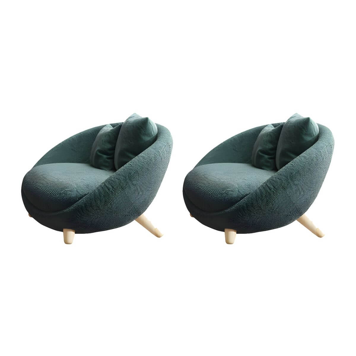 Scandinavian papasan chair with fixed back, sloped arms, cotton blend fabric, and 2 pillows