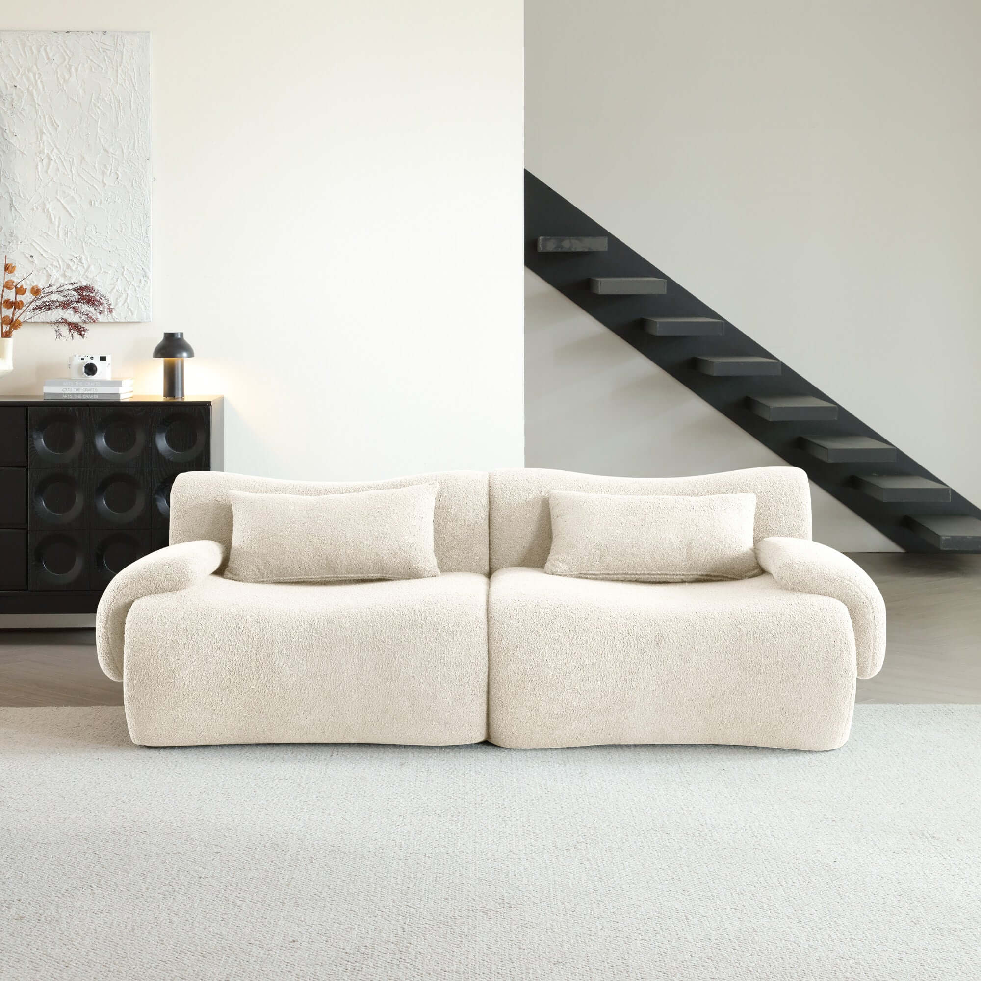Modern sectional sofa upholstered in soft teddy velvet fabric with modular design
