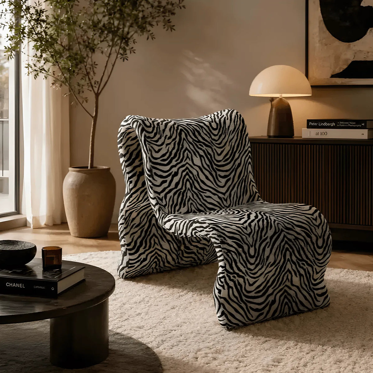 Editorial Black White Zebra Accent Chair With Plush Chenille
