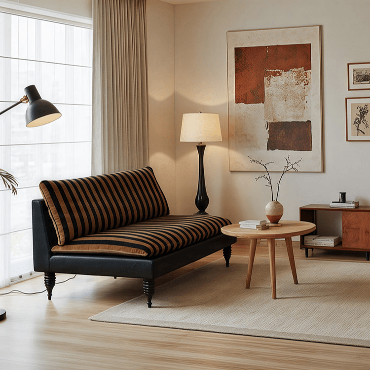 Editorial-Style Retro Sofa in Textured Stripe Fabric and Blackened Wood Frame
