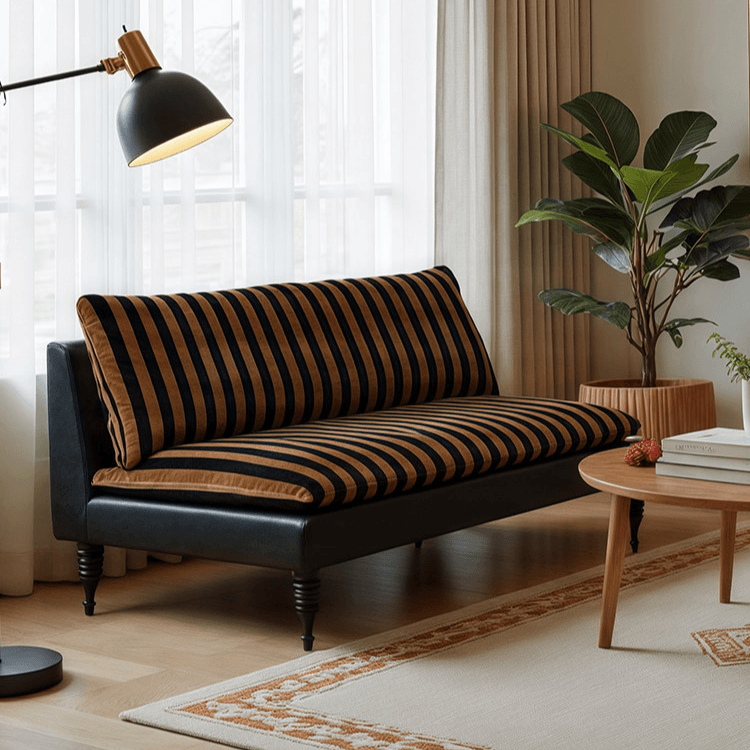 Editorial-Style Retro Sofa in Textured Stripe Fabric and Blackened Wood Frame