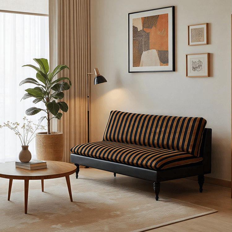 Editorial-Style Retro Sofa in Textured Stripe Fabric and Blackened Wood Frame