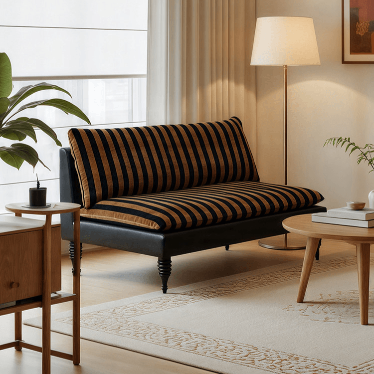Editorial-Style Retro Sofa in Textured Stripe Fabric and Blackened Wood Frame