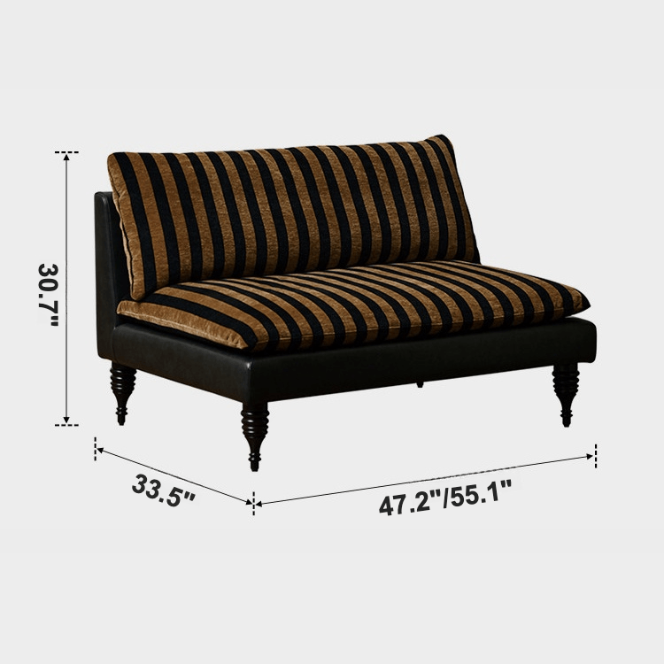 Editorial-Style Retro Sofa in Textured Stripe Fabric and Blackened Wood Frame Dimensions